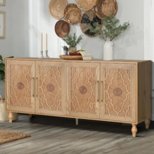 Farmhouse Sideboard Buffet Cabinet Accent Storage Cabinet with 4 Carved Flower Doors and Metal Handless, TV Stand Console Table