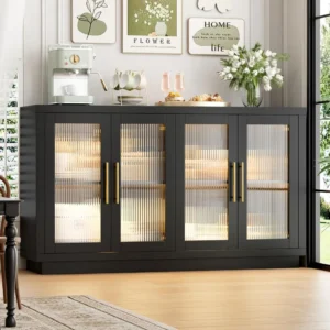 Cabinet with Storage, 55.1" Large Sideboard Cabinet, Modern Sideboard Kitchen Cabinet with 4 Fluted Glass Doors, Sideboards