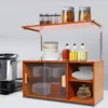 Bamboo Kitchen Pantry Sideboard with Sliding Striped Glass Door Countertop Kitchen Storage Cabinet